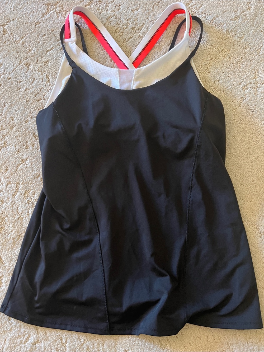Lucky in Love Black Tank with White Trim and Coral Crossback Straps